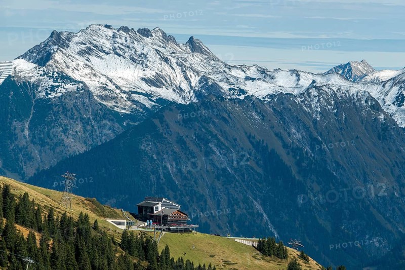 View of Nebelhorn, in the middle of Schlappoldsee station of the Fellhorn Railway, Oberstdorf, Oberallgäu, Allgäu, Bavaria, Germany