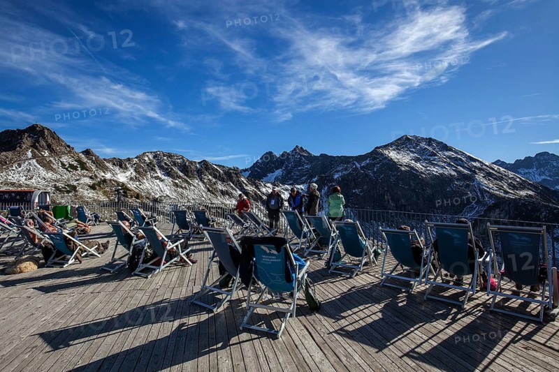 Sun terrace at Kanzelwand summit station, Kleiwalsertal, Allgäu Alps, Allgäu, Vorarlberg, Austria