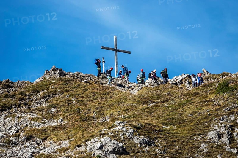 Summit of the Kanzelwand with summit cross and people, Allgäu Alps, Allgäu, Vorarlberg, Austria