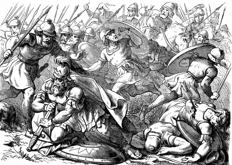 Saul took the sword and fell in it, First Book of Samuel, chapter 31, battle, warrior, voluntary death, rider, swords, lances, shields, weapon bearers, suicide, philistines, men of Israel, king, Old Testament, Bible, historical illustration 1877