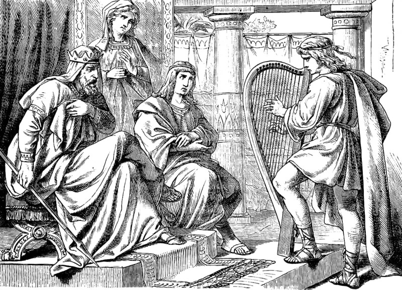 Saul tried to skewer David on the wall, First Book of Samuel, chapter 19, harp, king, spear, murder, escape, throne room, pillars, Old Testament, Bible, historical illustration 1877