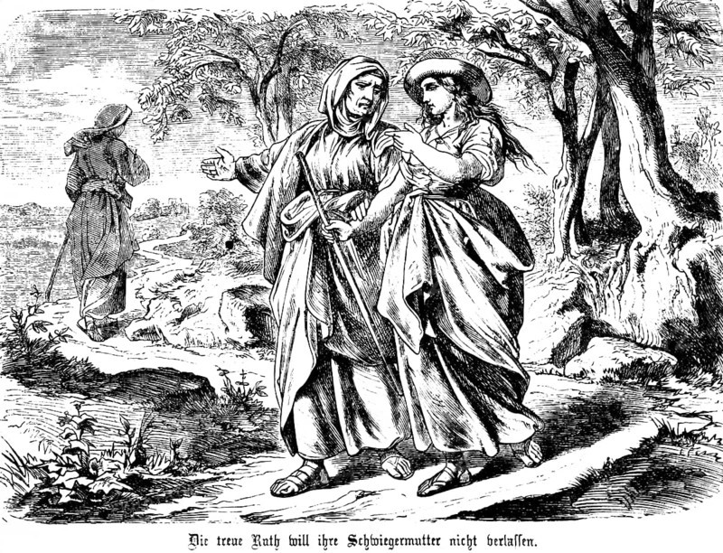 Faithful Ruth goes to Bethlehem with her mother-in-law, book of Ruth, chapter 1, Naemi, Moabite, God, people, abandoned, death, Old Testament, Bible, historical illustration 1877