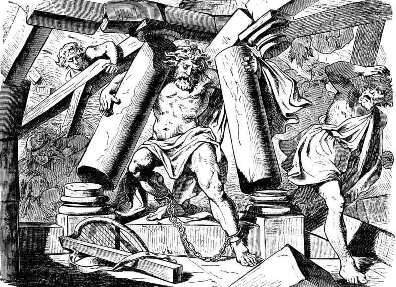 Samson breaks the pillars and dies with the princes and the people, God, wrath, shackles, chain, destruction, revenge, fear, terror, escape, book of judges, chapter 16, Old Testament, Bible, historical illustration 1877