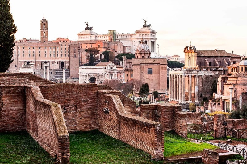Roman Forum (Foro Romano) viewed from Via di San Bonaventura. Rome, Province of Rome, Italy. 23.12.2012