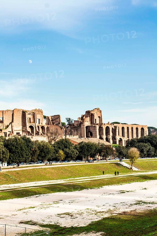 Circus Maximus (Circo Massimo), an ancient Roman chariot racing stadium and mass entertainment venue, and Domus Augustana in the background. Rome, Province of Rome, Italy