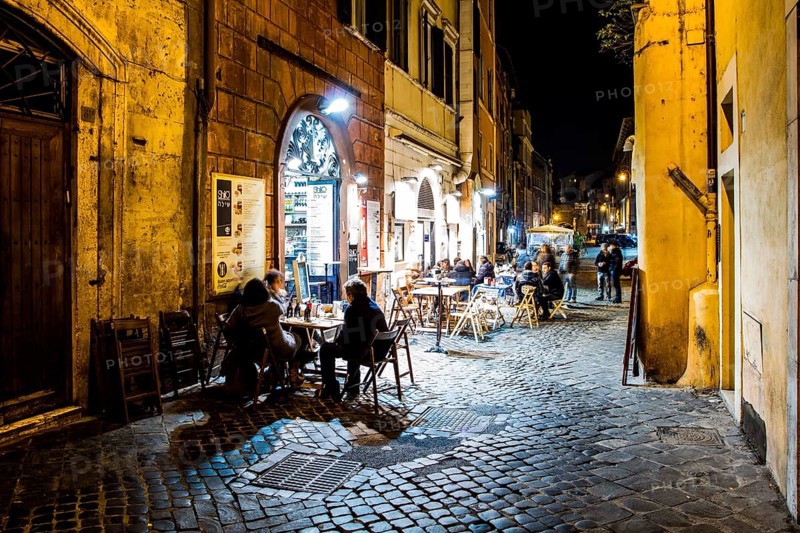Street with bars and restaurants in Roman Ghetto (Ghetto di Roma). Rome, Province of Rome, Italy. 25.12.2012