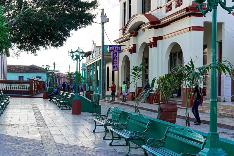 Baracoa, Cuba, Central America, well-kept square with benches and colonial buildings in the background, Greater Antilles, Caribbean, America, Central America