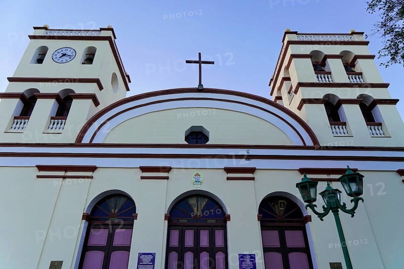 Baracoa, Cuba, Central America, A church with two towers and a cross under a blue sky, Greater Antilles, Caribbean, America, Central America