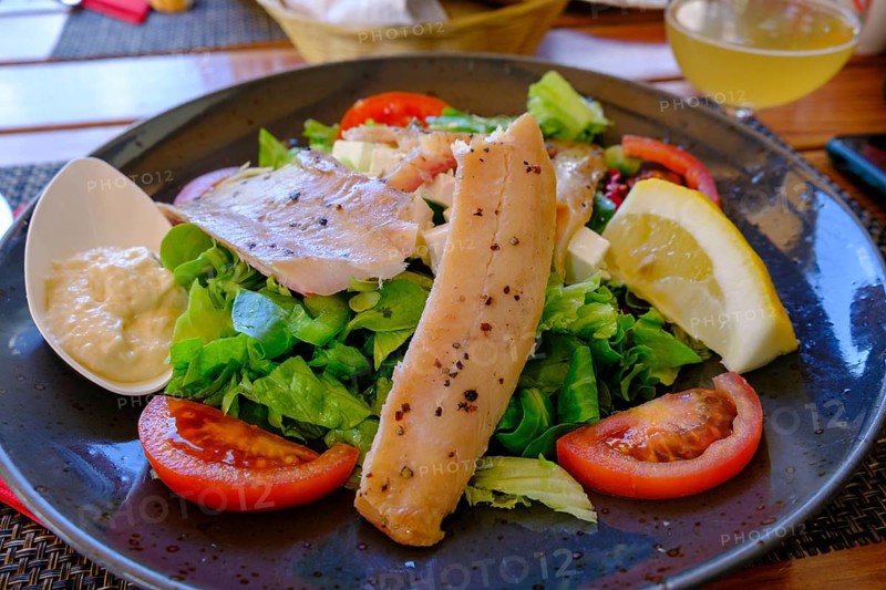 Trout fillet on salad, food, Kranjska Gora, Upper Carniola, Julian Alps, Slovenia