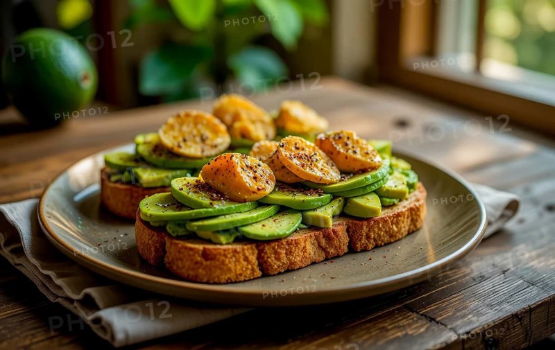 This appetizing breakfast features fresh avocado slices and fried egg on toasted bread, perfect for a healthy start, AI generated