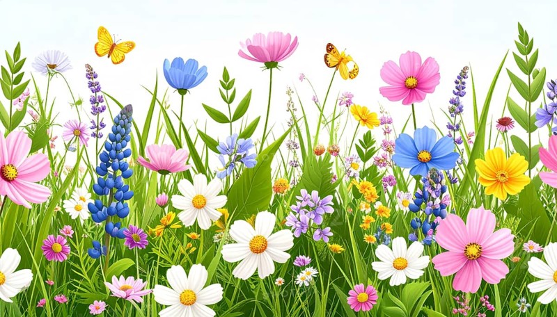 Vibrant wildflowers and grass create a colorful and joyful floral pattern, Variety of wild flowers, spring plant and grass seamless pattern, vibrant realistic vector illustration wallpaper, a spring natural colorful background as template or poster, AI generated