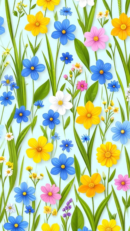 Vibrant wildflowers and grass create a colorful and joyful floral pattern, Variety of wild flowers, spring plant and grass seamless pattern, vibrant realistic vector illustration wallpaper, a spring natural colorful background as template or poster, AI generated