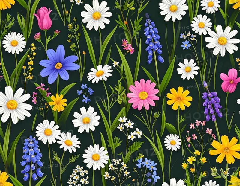 Vibrant wildflowers and grass create a colorful and joyful floral pattern, Variety of wild flowers, spring plant and grass seamless pattern, vibrant realistic vector illustration wallpaper, a spring natural colorful background as template or poster, AI generated
