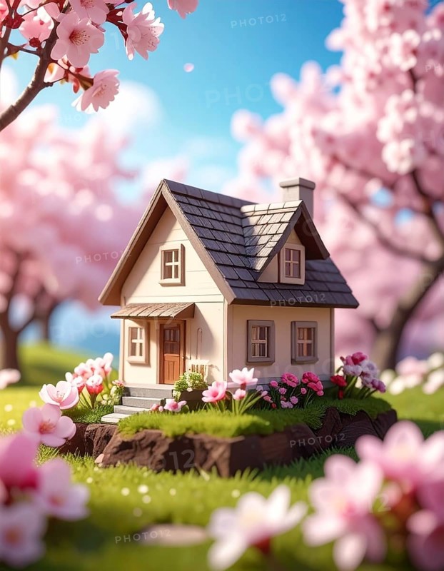 A miniature house surrounded by blooming cherry blossoms and warm sunlight, creating a peaceful and idyllic spring atmosphere, toy house on blossom cherry flowers, spring natural background. concept of mortgage, construction, rental, family and property, AI generated