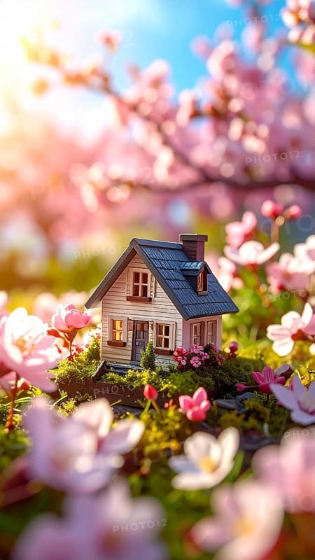 A miniature house surrounded by blooming cherry blossoms and warm sunlight, creating a peaceful and idyllic spring atmosphere, toy house on blossom cherry flowers, spring natural background. concept of mortgage, construction, rental, family and property, AI generated