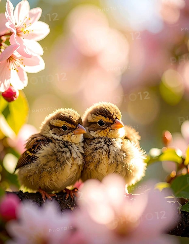 Small funny Sparrow Chicks sit in the garden surrounded by pink Apple blossoms on a Sunny may day, AI generated