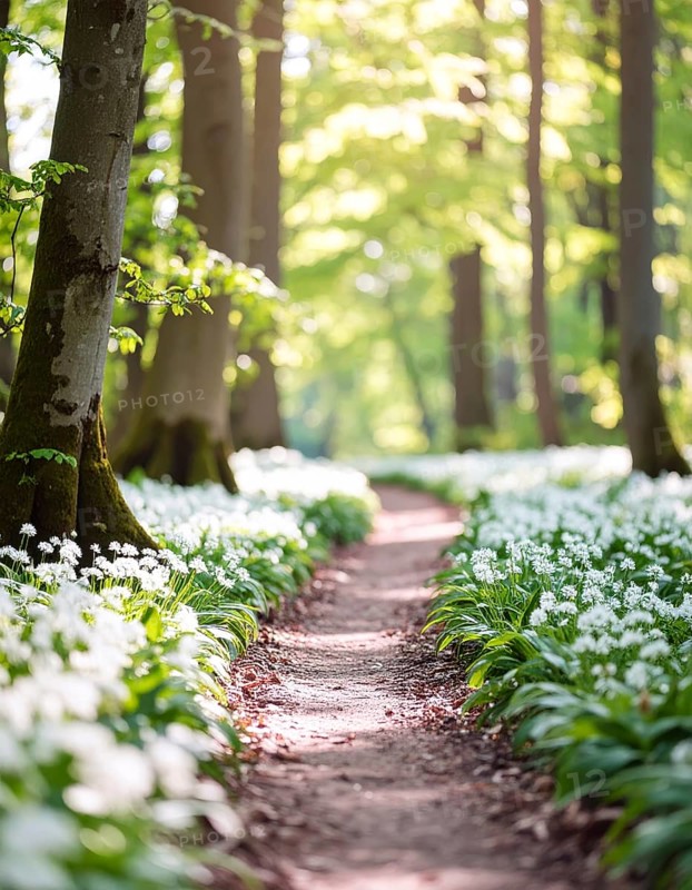 A tranquil forest path lined with white flowers, surrounded by tall trees and bathed in soft sunlight, Pathway through the forest with blooming wild garlic (Allium ursinum) sunny summer day, AI generated