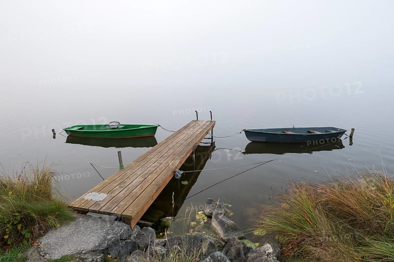 Boats and dock in foggy, quiet autumn landscape, Hopfensee, Ostallgäu, Bavaria, Germany