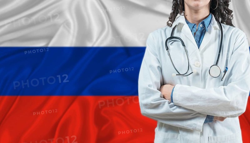 Medical professional on Russian flag. Healthcare and wellness in Russia, Concept