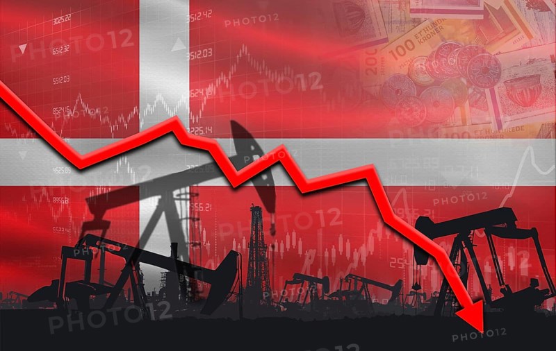 Oil crisis with Denmark flag on financial graph. Fall oil price with flag of Denmark on economic chart