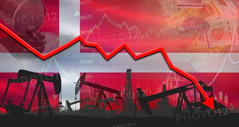 Fall oil price with flag of Denmark on economic chart, Petrol crisis with Denmark flag on financial graph