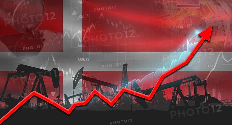 Oil pumps with Denmark flag. Oil production with Denmark flag, petrol industry