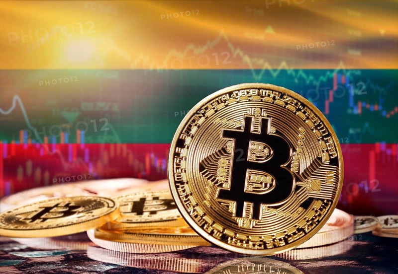 Bitcoin with Lithuania flag in the background. Investors in cryptocurrency and Blockchain Technology in Lithuania, Concept
