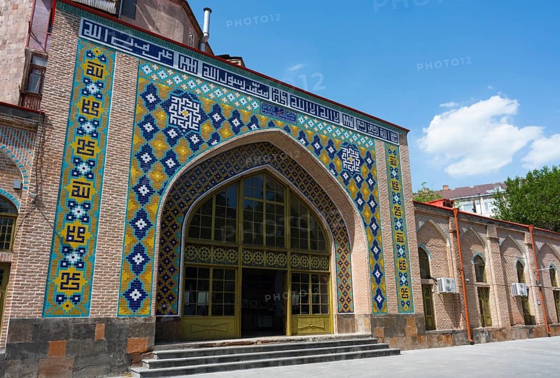 Building with intricate tile patterns and lettering on an archway, Blue Mosque, Shiite Mosque, symbol of Armenian-Iranian friendship, Yerevan, Yerevan, Yerevan, Armenia