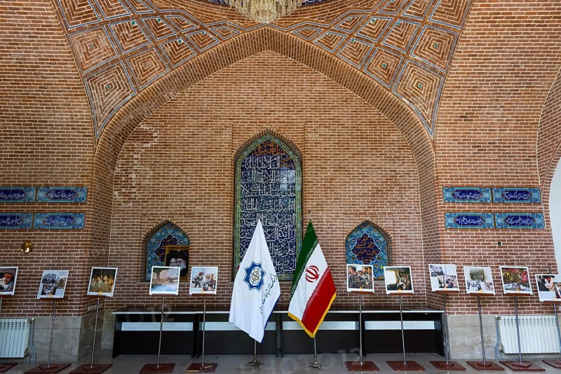 Interior with brick arch and exhibited photos with flags, Blue Mosque, Shiite Mosque, symbol of Armenian-Iranian friendship, Yerevan, Yerevan, Yerevan, Armenia