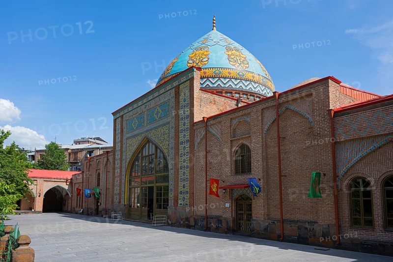 Side view of a mosque with blue dome and colorful mosaics under bright sky, Blue Mosque, Shiite Mosque, symbol of Armenian-Iranian friendship, Yerevan, Yerevan, Yerevan, Armenia