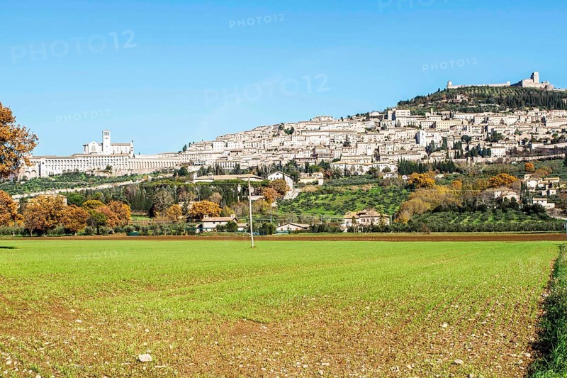 View of the city of Assisi, on the western flank of Monte Subasio, the birthplace of Saint Francis (Francesco Bernardone). Assisi, Province of Perugia, Italy. 22.12.2012