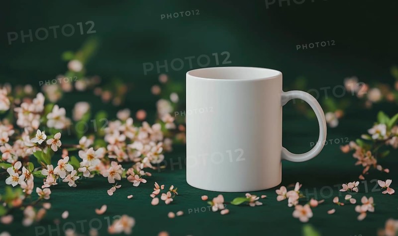 A white coffee cup sits on a table with pink flowers. The cup is empty and the flowers are scattered around it. Concept of calm and relaxation, as the cup and flowers are both simple and uncluttered. AI generated