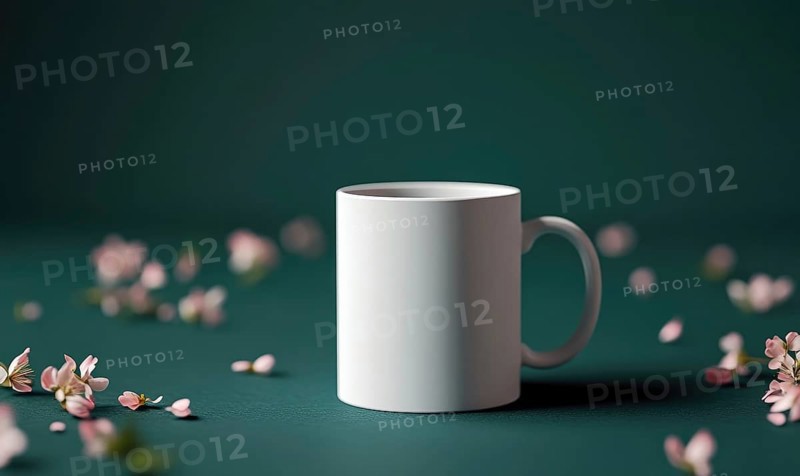 A white coffee cup sits on a green table with pink flowers scattered around it. The cup is empty, and the flowers add a touch of color and freshness to the scene. Concept of calm and relaxation. AI generated