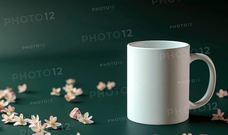 A white coffee cup sits on a green table with pink flowers scattered around it. Concept of calm and relaxation, as the cup and flowers create a peaceful and inviting atmosphere. AI generated