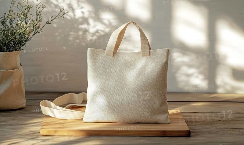 A white bag with a handle sits on a wooden table. The bag is placed in front of a vase of flowers. The scene is simple and peaceful. AI generated
