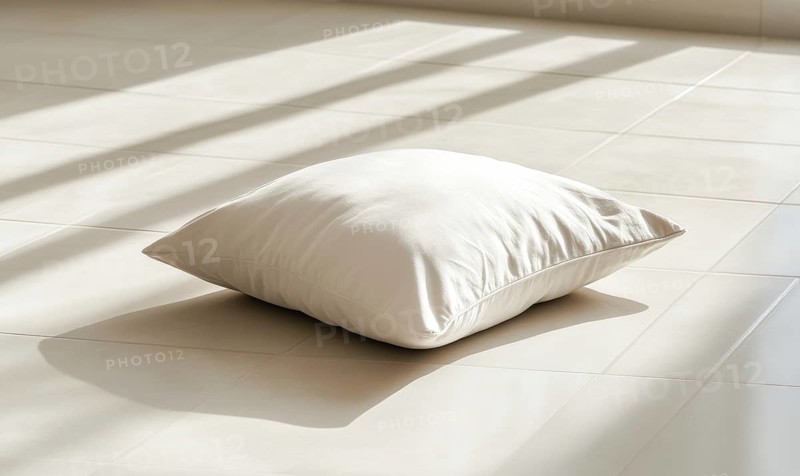A white pillow is laying on a tile floor. The pillow is small and white, and it is laying on its side. The floor is tiled and the sunlight is shining on the pillow, making it look bright and inviting. AI generated