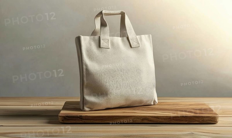 A white canvas bag with a brown handle sits on a wooden cutting board. The bag is unopened and he is made of canvas material. Concept of simplicity and minimalism, as the bag is unadorned. AI generated