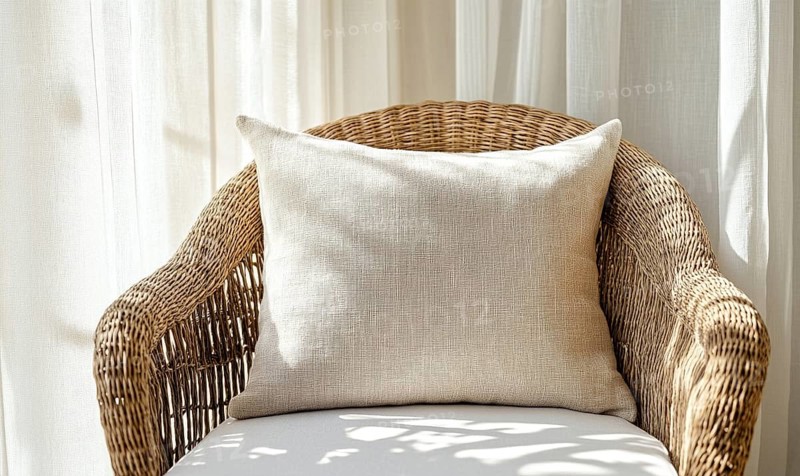 A wicker chair with a white pillow on it. The pillow has a pattern of squares and circles. The chair is sitting in front of a window, with sunlight shining on it. The scene gives off a cozy. AI generated
