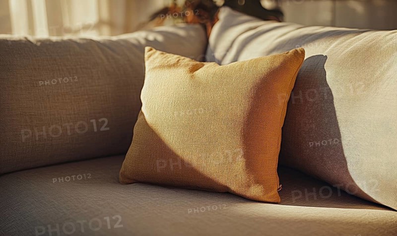 A tan pillow sits on a couch, casting a shadow on the couch. The pillow is the main focus of the image, and it is a decorative item. The couch is a neutral color. AI generated