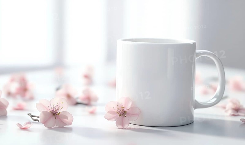A white coffee cup with pink flowers on the table. The cup is empty and the flowers are scattered around it. Concept of calmness and serenity, as the cup. AI generated