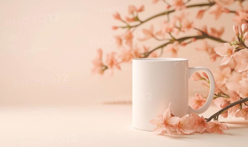 A white coffee cup is sitting on a table next to a branch of pink flowers. Concept of calm and relaxation, as the cup and flowers are both white and pink, which are often associated with tranquility. AI generated