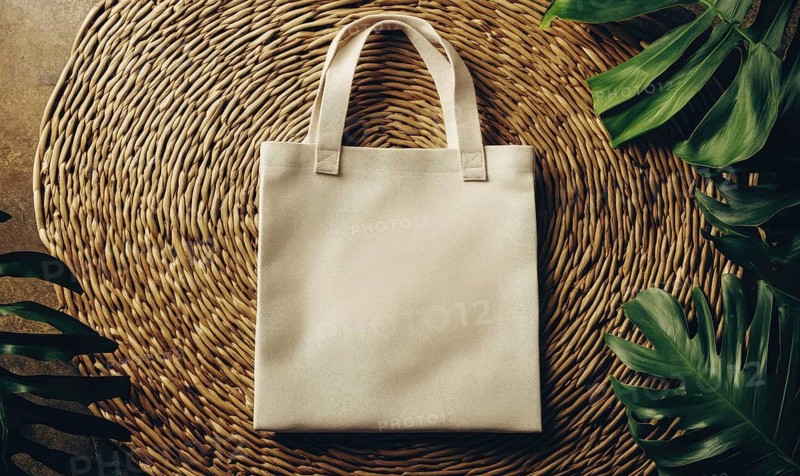 A beige tote bag on a woven mat surrounded by tropical leaves. AI generated