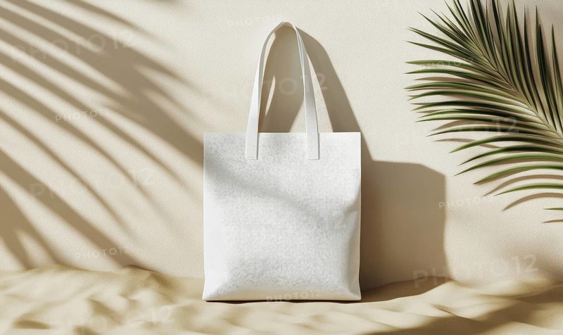 A white bag with a leaf design on it is sitting on a sandy beach. The bag is the main focus of the image, and the beach setting creates a relaxed and leisurely mood. AI generated
