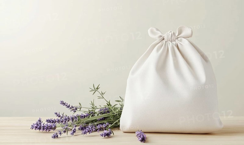 A white bag with a purple flower on it sits on a table. The bag is tied with a string and is placed next to a bunch of purple flowers. Concept of calm and relaxation, as the bag. AI generated