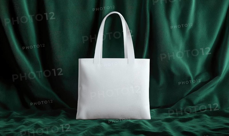A white purse with a green background. The purse is sitting on a green cloth. The purse is white and has a black logo on it. AI generated