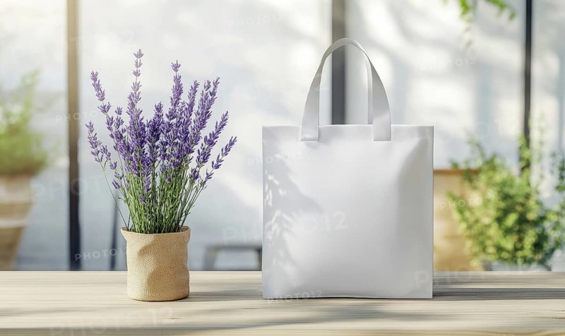 White eco bag mockup on a light wooden table, accented with fresh lavender sprigs, photorealistic --ar 5:3 --v 6.1 Job ID: 4821a6d2-29ba-4ce6-b3ef-769c09cd584f. AI generated