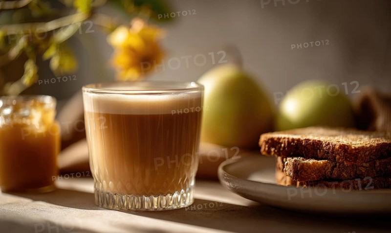 A glass of coffee sits on a table next to a plate of toast and apples. The scene is simple and inviting, with the coffee. AI generated