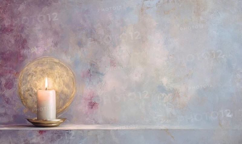 A candle is lit on a small gold plate. The candle is surrounded by a purple background. AI generated