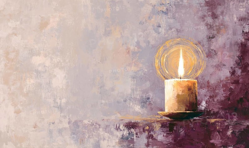 A candle is lit in a painting of a room with a purple background. The painting has a mood of warmth and comfort. AI generated