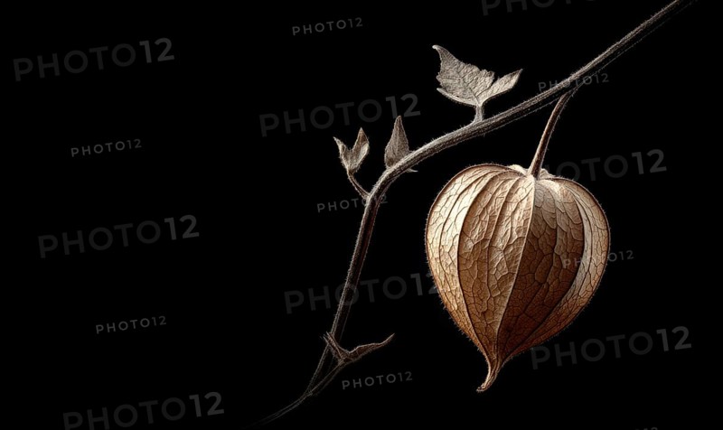 A leafy branch with a flower on it. The flower is brown and has a yellow center. The branch is dark. AI generated